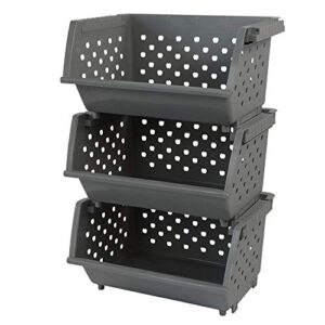 begale 3-pack gray plastic stackable detachable storage organizer stacking basket
