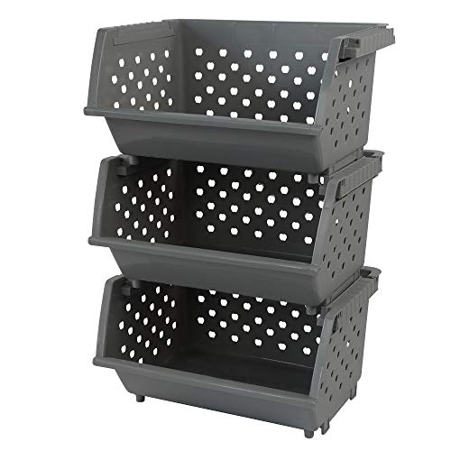 Begale 3-Pack Gray Plastic Stackable Detachable Storage Organizer Stacking Basket