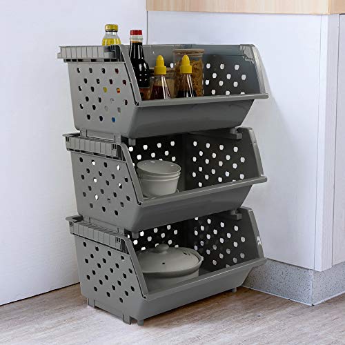 Begale 3-Pack Gray Plastic Stackable Detachable Storage Organizer Stacking Basket