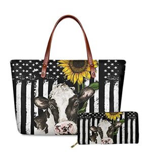 fkelyi american flag sunflower shoulder handbag womens luxurious designer handbag cow animal print cute tote hand bag with pu leather wallets set