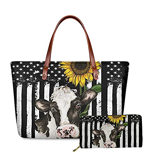 FKELYI American Flag Sunflower Shoulder Handbag Womens Luxurious Designer Handbag Cow Animal Print Cute Tote Hand Bag with PU Leather Wallets Set