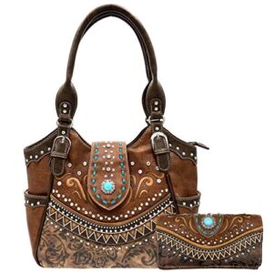 rustic western floral tooled laser cut turquoise concho studded tote purse bag wallet set (brown)