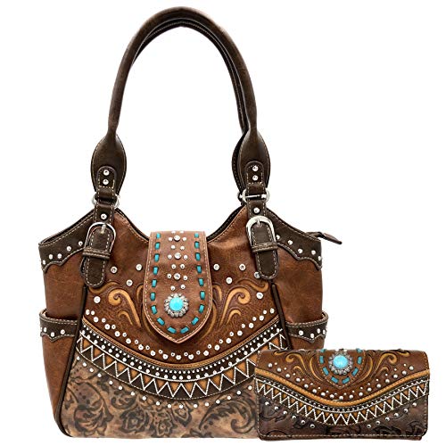 Rustic Western Floral Tooled Laser Cut Turquoise Concho Studded Tote Purse Bag Wallet Set (Brown)