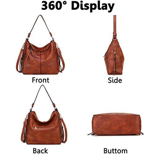 Hobo Bags for Women,VONXURY Faux Leather Tote Purse Ladies Handbag Large Shoulder Bags with Side Pockets for Work Travel,Brown