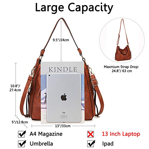 Hobo Bags for Women,VONXURY Faux Leather Tote Purse Ladies Handbag Large Shoulder Bags with Side Pockets for Work Travel,Brown
