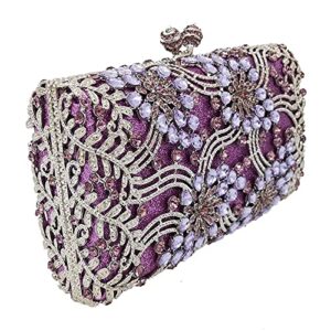 Women Flower Evening Bags Crystal Clutch Wedding Handbag and Purse Bridal Party Dinner Minaudiere Bag (Small,Purple)