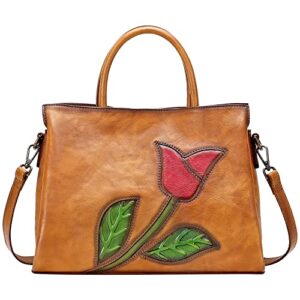 cherish kiss soft genuine leather satchel bags for women purses and handbags vintage embossed floral shoulder bag(k7 brown)