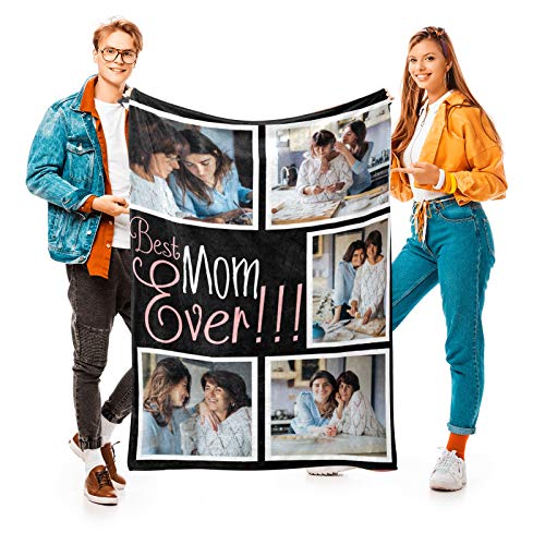 Birthday Gifts for Mom Custom Photo Blanket Personalized Blanket with 5 Pictures Best Mom Ever Customized Gifts for Mom Grandma, 15 Colors Available, 40"x60"