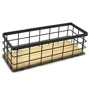 joyjoo metal storage basket small with wood base, decorative baskets for home storage, wire basket for organizing small tableware black with brown