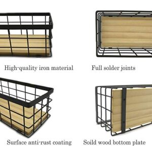 JOYJOO Metal Storage Basket Small with Wood Base, Decorative Baskets for Home Storage, Wire Basket for Organizing Small Tableware Black with Brown