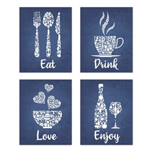 navy blue white mosaic vintage inspirational kitchen restaurant cafe bar wall art decorations eat drink love wine coffee hearts prints posters signs sets rustic farmhouse country home dining room house decor 8×10 unframed