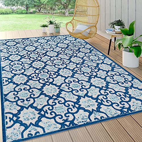 JONATHAN Y AMC107B-8 Gallia Tile Trellis High-Low Indoor Outdoor Area-Rug Bohemian Floral Easy-Cleaning High Traffic Bedroom Kitchen Backyard Patio Porch Non Shedding, 8 ft x 10 ft, Light Gray/Blue