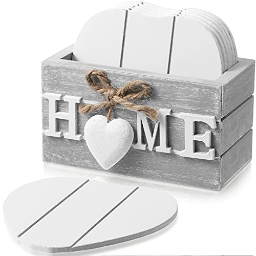 Coasters for Drinks, Wooden Heart Coasters Set of 6 Farmhouse Coasters with Holder Funny Coasters for Coffee Table Protection Housewarming Gifts for New Home Decoration, 4 Inch (Home, Grey)