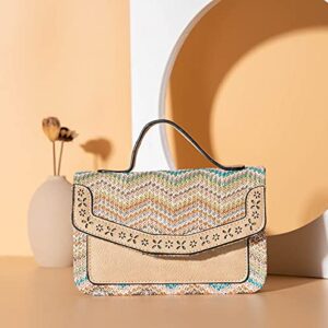 Meyaus Women Mini Patchwork Contrast Color Straw Woven Crossbody Shoulder Bag Top-handle Bag Handbag