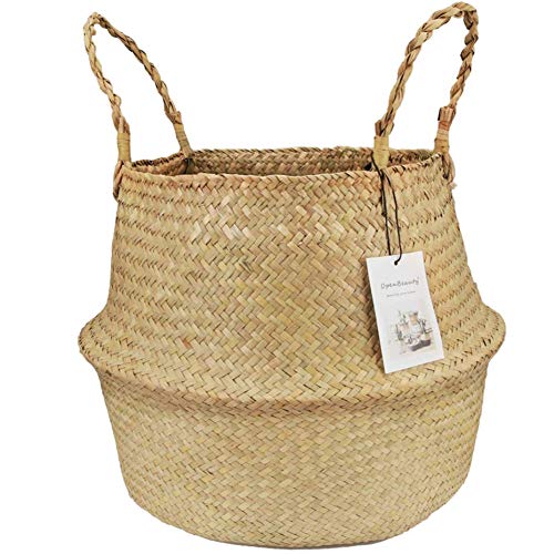 Mosichi Plant Baskets Indoor,Seagrass Weaving Foldable Home Storage Bucket Toy Sundries Clothes Plants Basket Primary Color XL