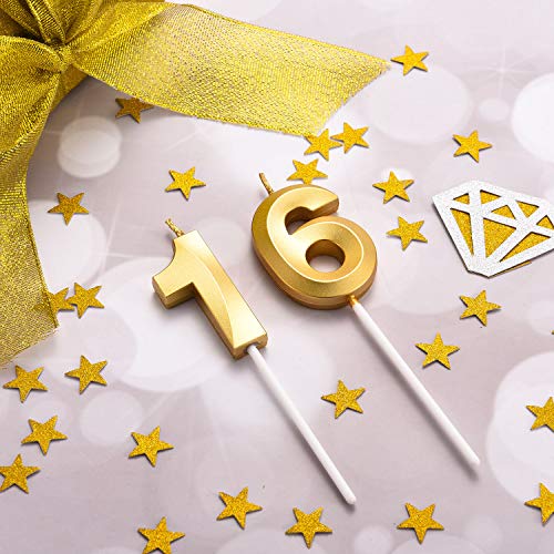 BBTO 16th Birthday Candles Cake Numeral Candles Happy Birthday Cake Topper Decoration for Birthday Party Wedding Anniversary Celebration Supplies (Gold)
