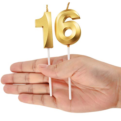 BBTO 16th Birthday Candles Cake Numeral Candles Happy Birthday Cake Topper Decoration for Birthday Party Wedding Anniversary Celebration Supplies (Gold)