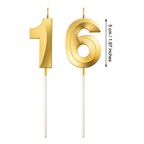 BBTO 16th Birthday Candles Cake Numeral Candles Happy Birthday Cake Topper Decoration for Birthday Party Wedding Anniversary Celebration Supplies (Gold)