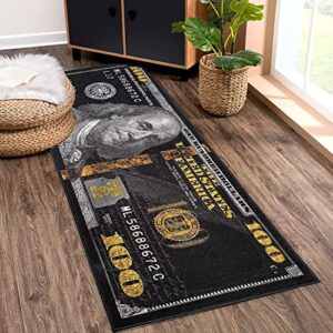 HUAHOO Black Money Rugs 100 Dollar Bill Area Rug Door Mat Runner for Living Room Bedroom Indoor Outdoor Rug 22" x 53"