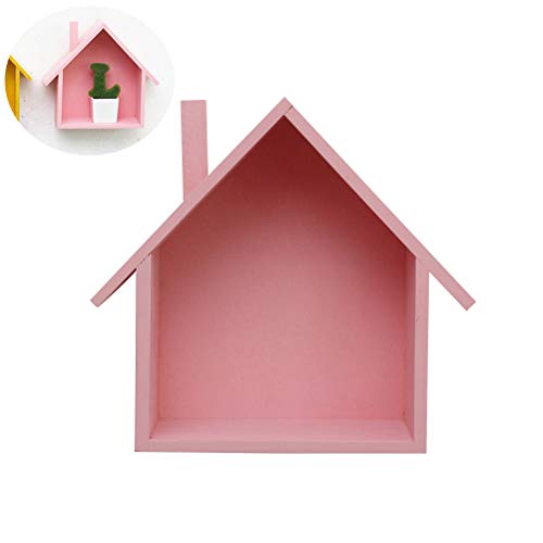 Cabilock Small House Shaped Wall Shelf Wooden Wall Mounted Storage Shelf Rack Organizer Display Box for Bedroom Living Room Kitchen Office (Pink)