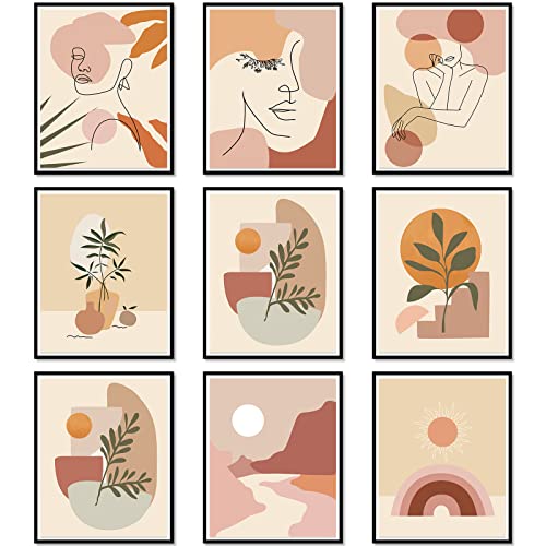 9 Pieces Abstract Wall Art Minimalist Wall Art Prints Minimalist Boho Wall Art Abstract Line Art Woman Botanical Plant Painting Abstract Wall Decor for Living Room Bedroom Kitchen Office, Unframed