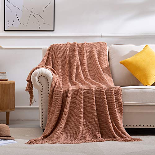 SPAOMY Knitted Throw Blanket with Tassels 3D Bubble Textured Lightweight Decorative Throws Blanket for Couch Cover Home Decor (Caramel, 50x60)