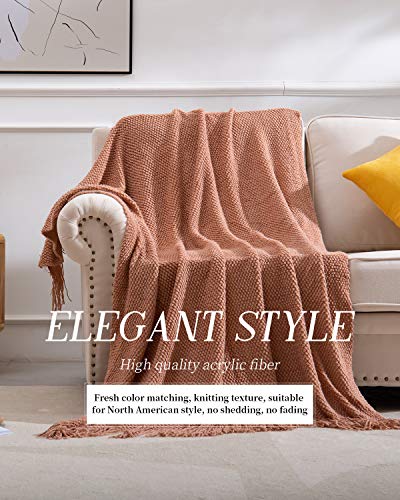 SPAOMY Knitted Throw Blanket with Tassels 3D Bubble Textured Lightweight Decorative Throws Blanket for Couch Cover Home Decor (Caramel, 50x60)