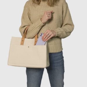 Tocco Goods Natural Canvas Tote Bag Genuine Leather Handles with Crossbody Strap Multiple Pockets Natural Light Tan