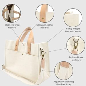 Tocco Goods Natural Canvas Tote Bag Genuine Leather Handles with Crossbody Strap Multiple Pockets Natural Light Tan