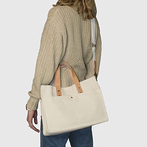 Tocco Goods Natural Canvas Tote Bag Genuine Leather Handles with Crossbody Strap Multiple Pockets Natural Light Tan