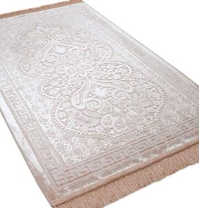 modefa velvet prayer rug – soft plush turkish janamaz sajada carpet for men and women – plain solid prayer mat ramadan eid gift – with prayer beads – floral luxury paisley (blush pink)