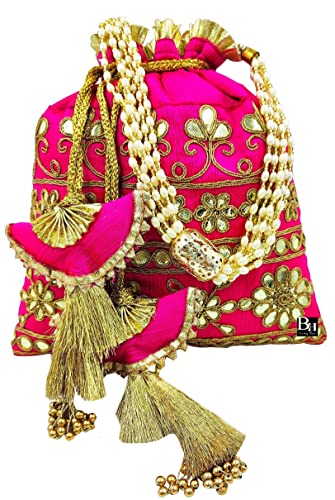 Bombay Haat Ethnic Indian Designer Silk Potli Bag Purse Evening Bag Clutch Purse for Wedding Party Cocktail Prom Gifting (Hot Pink)