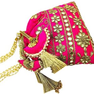 Bombay Haat Ethnic Indian Designer Silk Potli Bag Purse Evening Bag Clutch Purse for Wedding Party Cocktail Prom Gifting (Hot Pink)