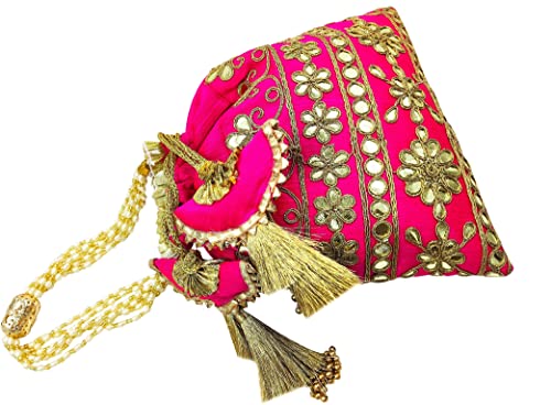 Bombay Haat Ethnic Indian Designer Silk Potli Bag Purse Evening Bag Clutch Purse for Wedding Party Cocktail Prom Gifting (Hot Pink)