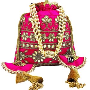 Bombay Haat Ethnic Indian Designer Silk Potli Bag Purse Evening Bag Clutch Purse for Wedding Party Cocktail Prom Gifting (Hot Pink)