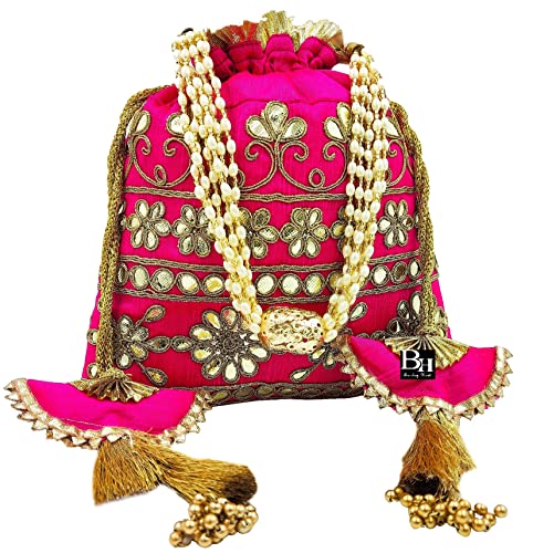Bombay Haat Ethnic Indian Designer Silk Potli Bag Purse Evening Bag Clutch Purse for Wedding Party Cocktail Prom Gifting (Hot Pink)