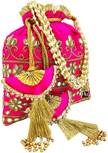 Bombay Haat Ethnic Indian Designer Silk Potli Bag Purse Evening Bag Clutch Purse for Wedding Party Cocktail Prom Gifting (Hot Pink)