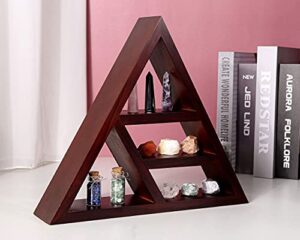 cozycabin triangle shelf for crystals display, moon phase wooden crystal display shelf with hooks triangle wall shelf for crystal display