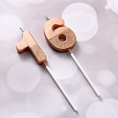 BBTO 16th Birthday Candles Glitter Cake Numeral Candles 16th Birthday Cake Topper Decoration for Birthday Wedding Anniversary Celebration Favor, Rose Gold