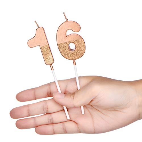 BBTO 16th Birthday Candles Glitter Cake Numeral Candles 16th Birthday Cake Topper Decoration for Birthday Wedding Anniversary Celebration Favor, Rose Gold