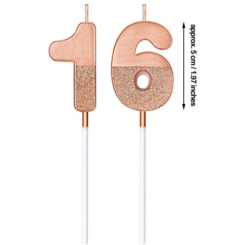 BBTO 16th Birthday Candles Glitter Cake Numeral Candles 16th Birthday Cake Topper Decoration for Birthday Wedding Anniversary Celebration Favor, Rose Gold