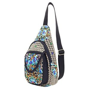 silkarea embroidered boho small sling bag for women travel chest bag crossbody backpack purse shoulder bag (blue)