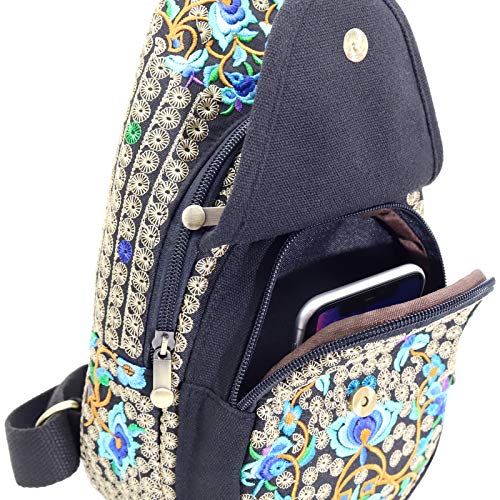 SILKAREA Embroidered Boho Small Sling Bag for Women Travel Chest Bag Crossbody Backpack Purse Shoulder Bag (Blue)