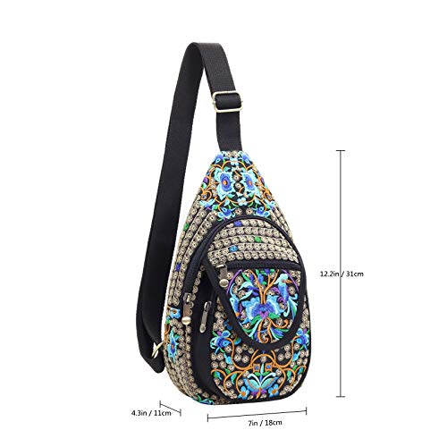 SILKAREA Embroidered Boho Small Sling Bag for Women Travel Chest Bag Crossbody Backpack Purse Shoulder Bag (Blue)