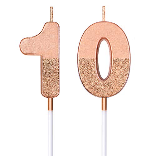 BBTO 10th Birthday Candles Glitter Cake Numeral Candles 10th Birthday Cake Topper Decoration for Birthday Wedding Anniversary Celebration Favor, Rose Gold