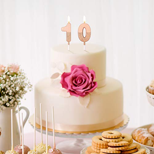 BBTO 10th Birthday Candles Glitter Cake Numeral Candles 10th Birthday Cake Topper Decoration for Birthday Wedding Anniversary Celebration Favor, Rose Gold