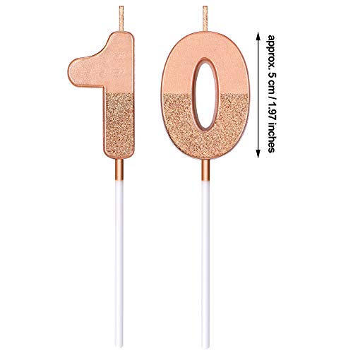 BBTO 10th Birthday Candles Glitter Cake Numeral Candles 10th Birthday Cake Topper Decoration for Birthday Wedding Anniversary Celebration Favor, Rose Gold