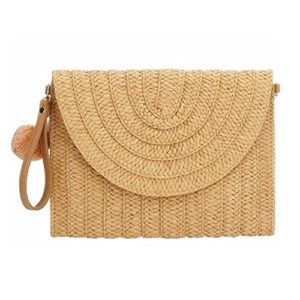 vanknono straw clutch straw shoulder bag for women, beach handmade straw crossbody bag summer straw purses with pompom for women, khaki