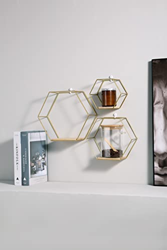 Wall Mounted Floating Hexagon Shelves, Metal Framed Gold Shelves with Wood Based in Modern Chic Style, for Wall Storage & Display in Living Room Or Bedroom, Set of 3 Size (Large, Medium & Small)