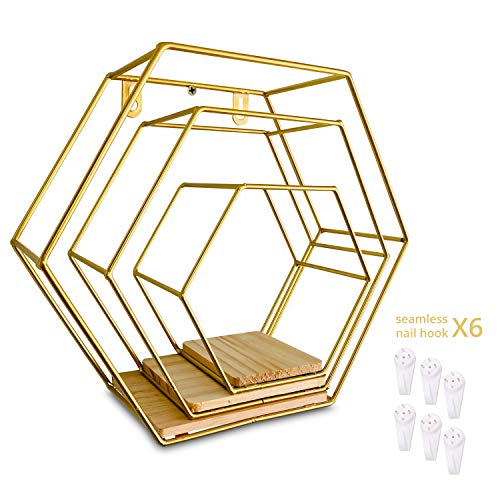 Wall Mounted Floating Hexagon Shelves, Metal Framed Gold Shelves with Wood Based in Modern Chic Style, for Wall Storage & Display in Living Room Or Bedroom, Set of 3 Size (Large, Medium & Small)